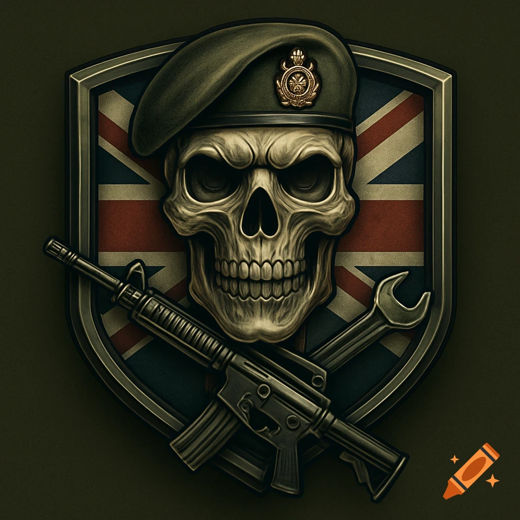 A stylized military emblem featuring a skull wearing a British army beret on a shield with the Union Jack flag, with a rifle and spanner.