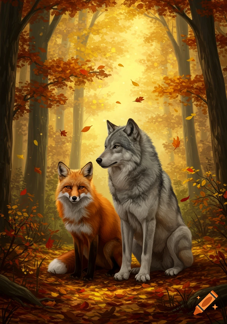 A red fox and a grey wolf sit together in a vibrant autumn forest with falling yellow and orange leaves, digital art.