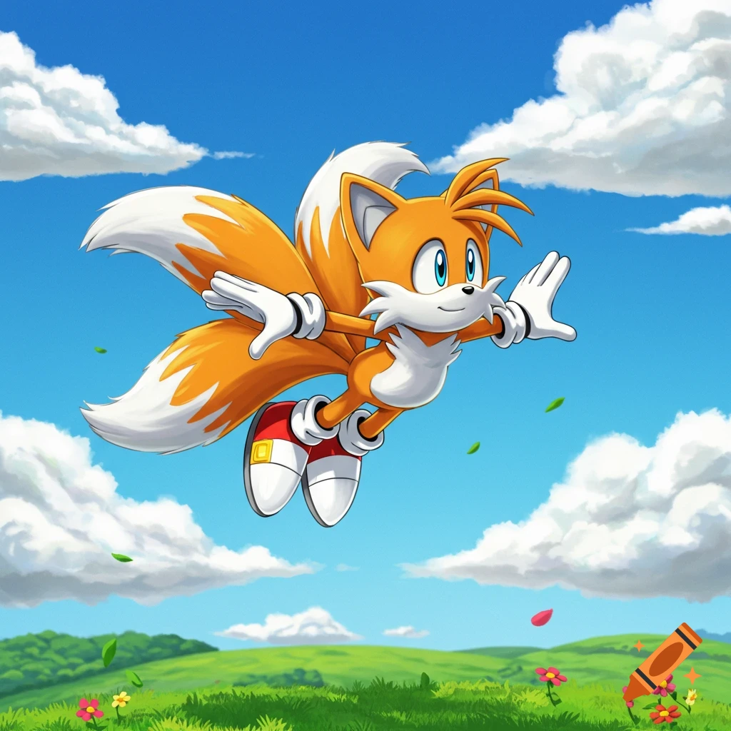 Miles "Tails" Prower, an orange fox with two tails, flies through a bright blue sky with white clouds over a green landscape.