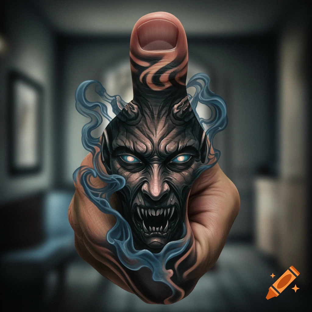 A photorealistic tattoo of a menacing demon ghoul face with glowing blue eyes and smoke on a man's thumb.