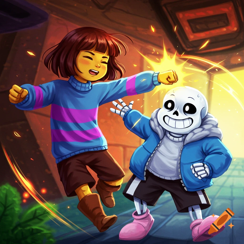 Cartoon Frisk from Undertale punches Sans, who reacts playfully with a wide smile, in a vibrant, stylized indoor setting.