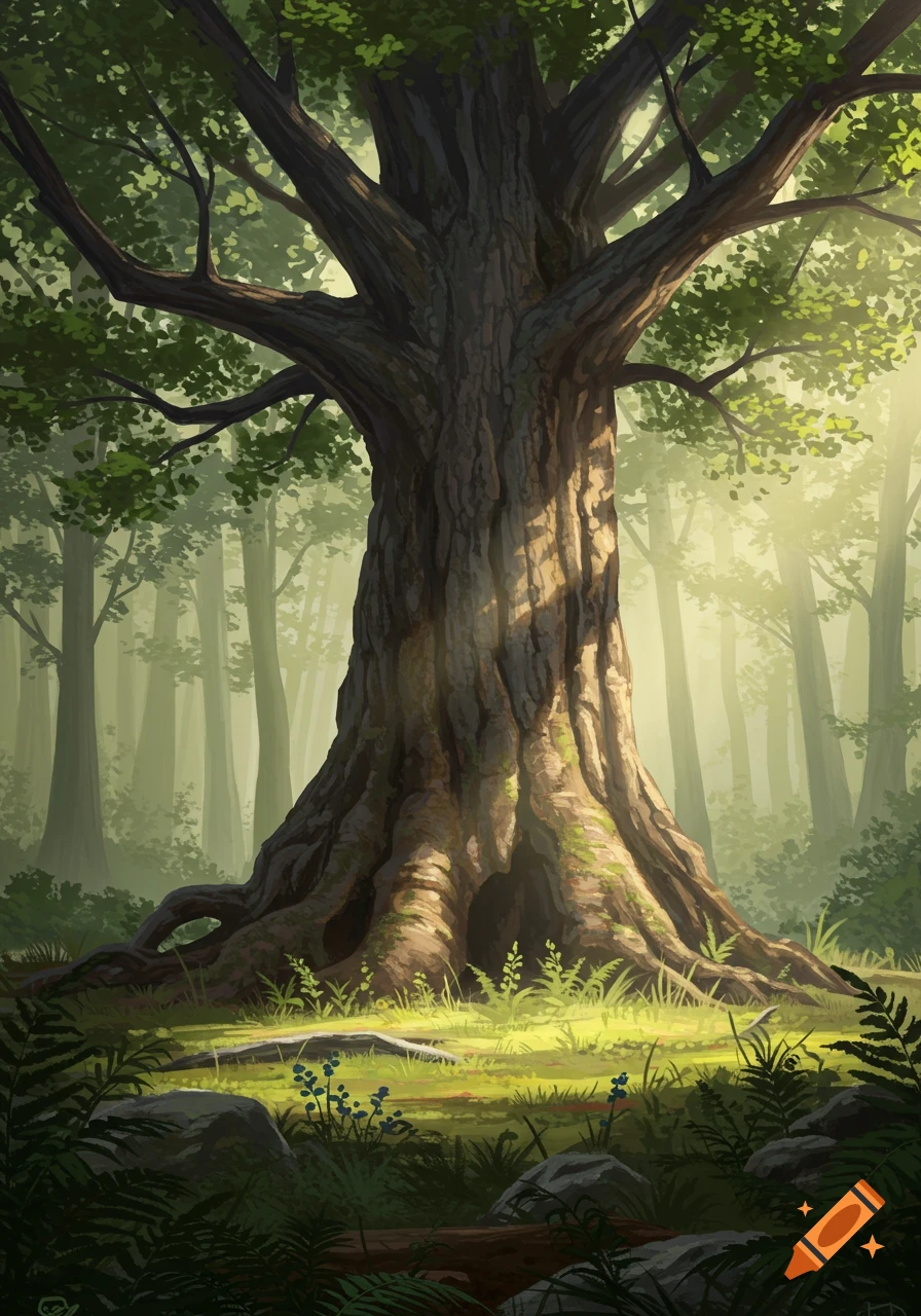 A majestic, old tree with a thick trunk stands in a sunlit forest clearing, surrounded by ferns and small plants, in an illustrative style.