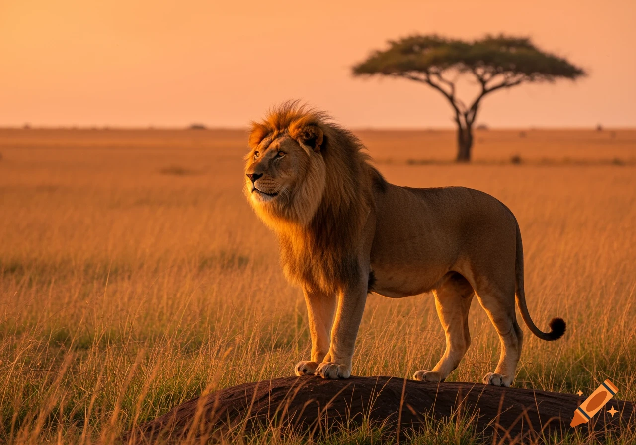 A male lion stands on a log in a golden savanna at sunset, looking left. A single acacia tree is in the background.