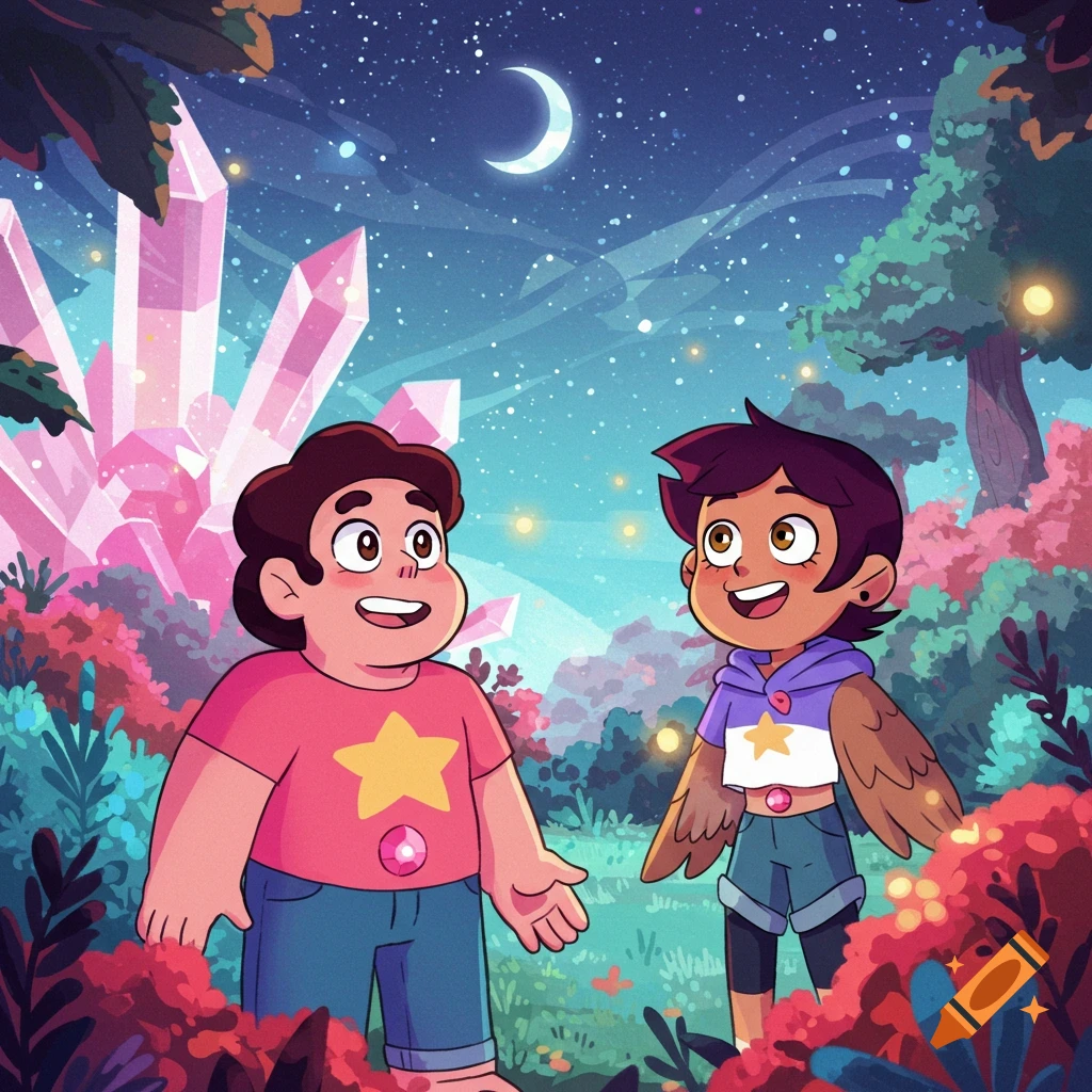 Steven Universe and Luz Noceda in a vibrant, magical forest with large pink crystals under a starry night sky and crescent moon.