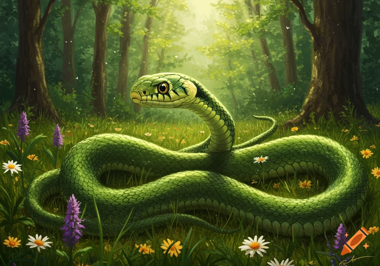 A vibrant green snake coiled in a sunny forest, surrounded by purple and white wildflowers, in an illustrated style.