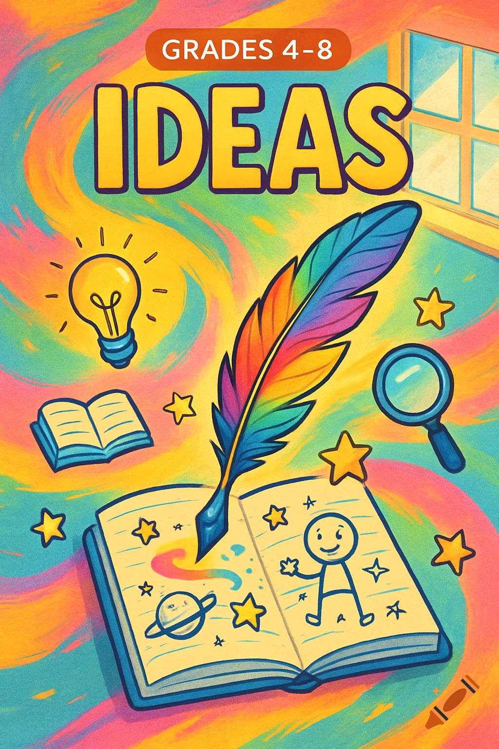 Colorful illustration with 'IDEAS' and 'GRADES 4-8' text, a rainbow quill, lightbulb, open books, stars, and a magnifying glass.