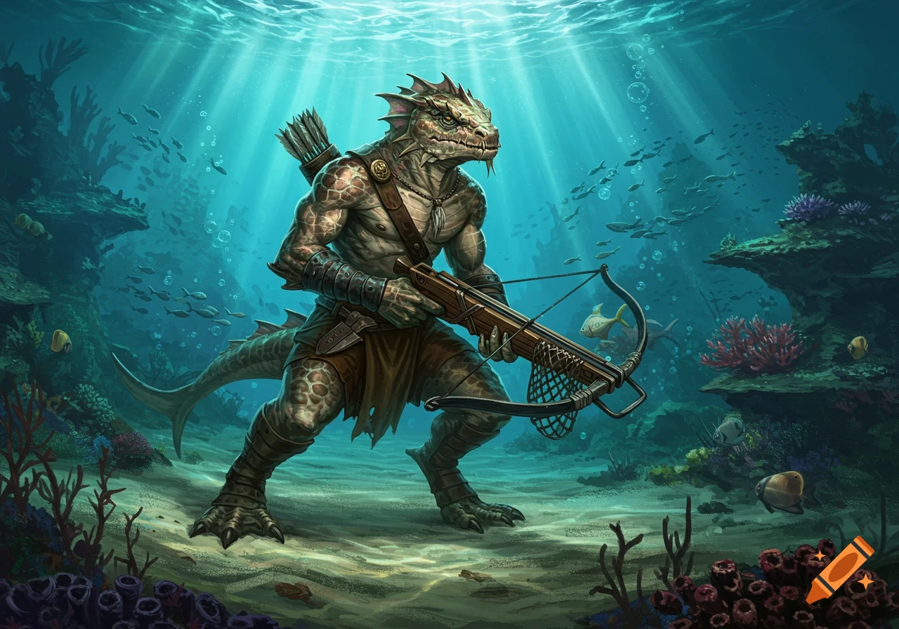A reptilian Locathah guard holds a crossbow with a net attachment underwater, surrounded by coral and fish in a fantasy art style.