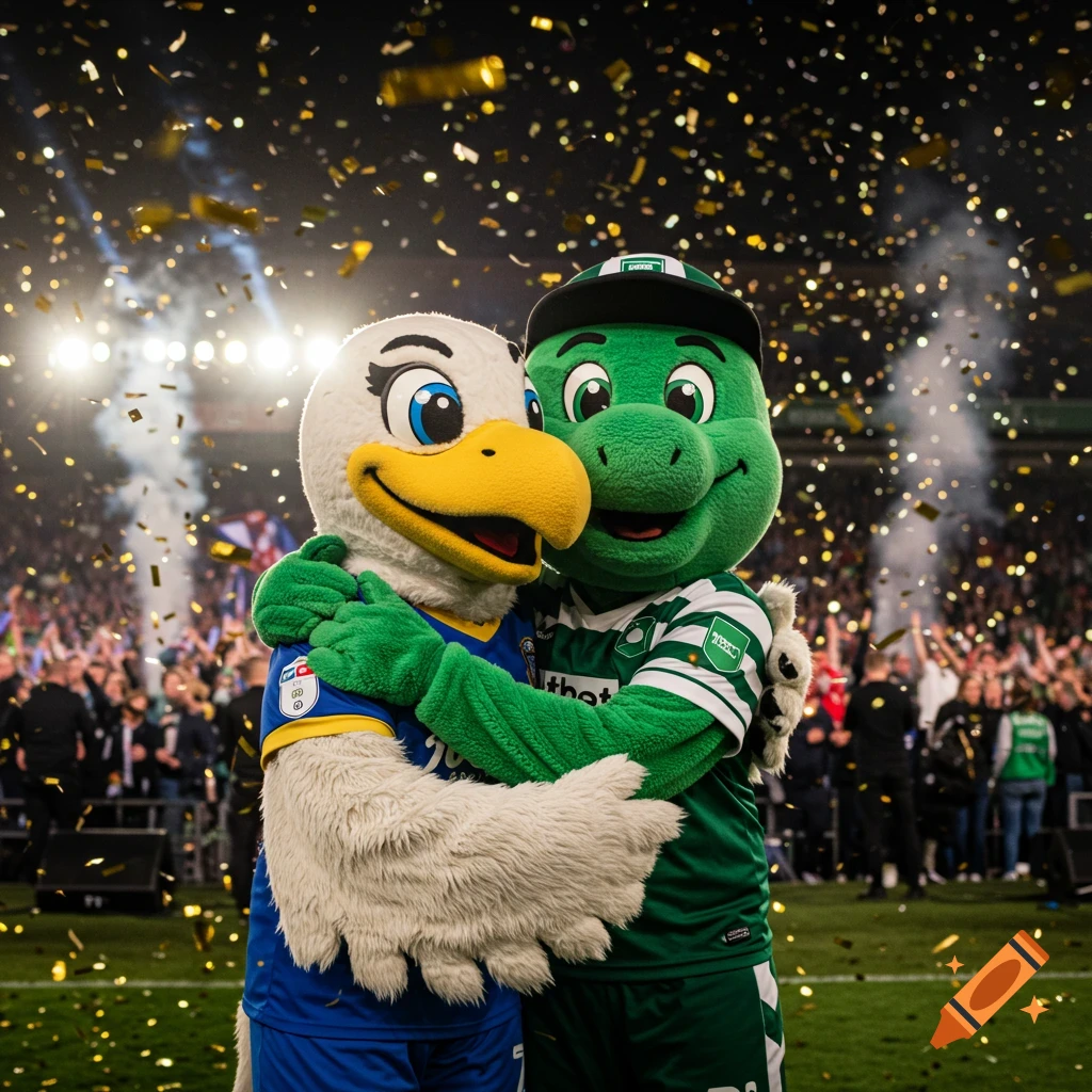 Two mascots, a white eagle and a green creature, hug each other amidst falling confetti in a packed stadium.