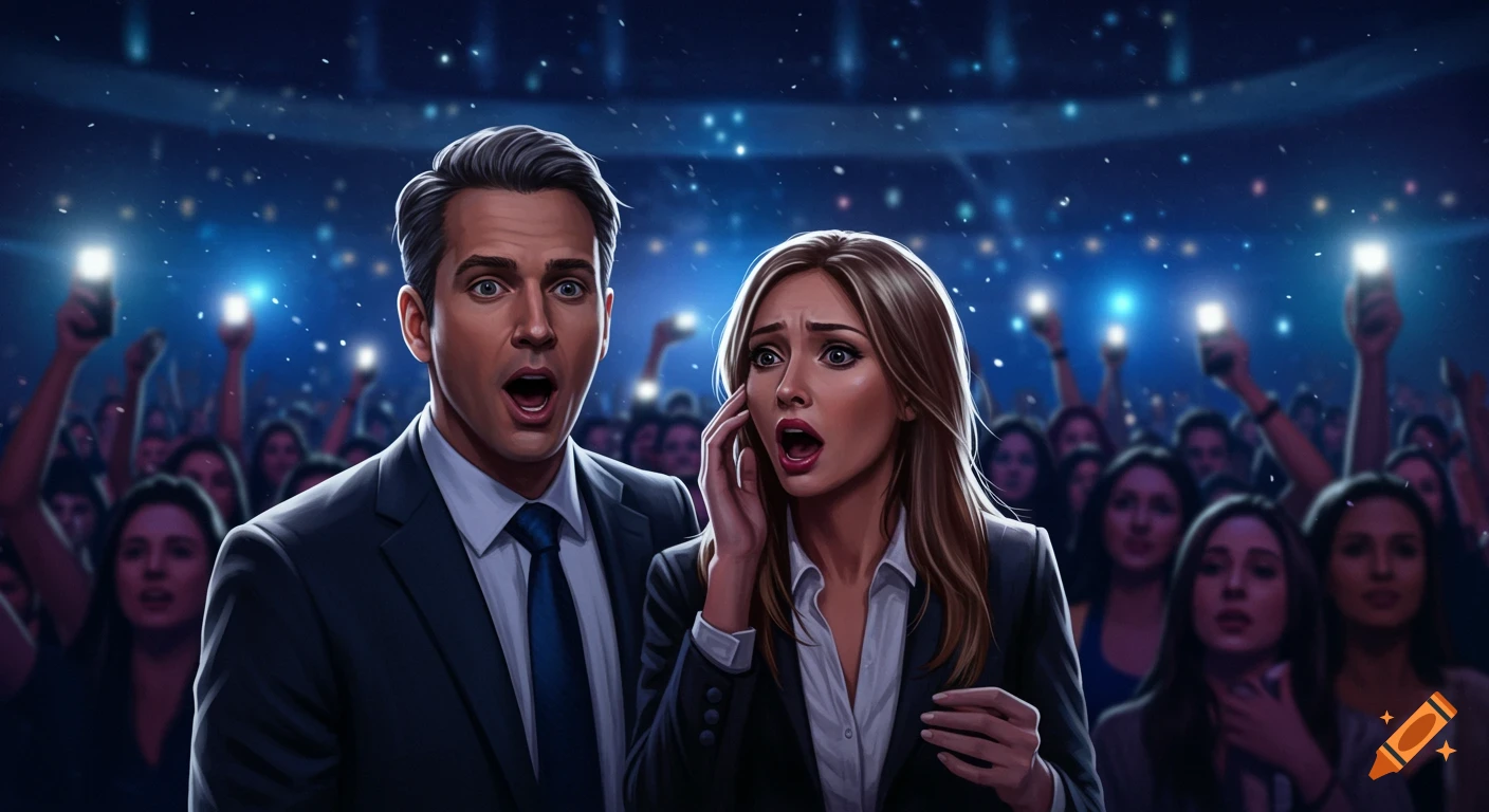 An illustrated image of a man and a woman looking shocked and surprised in a large crowd at a concert, surrounded by glowing cell phones.
