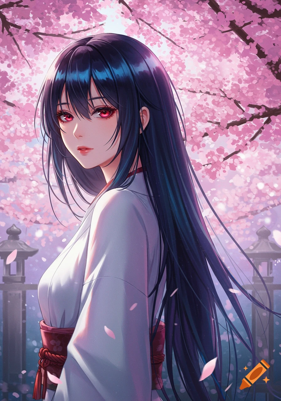 An anime girl with long black hair and red eyes in a white kimono stands under pink cherry blossoms.