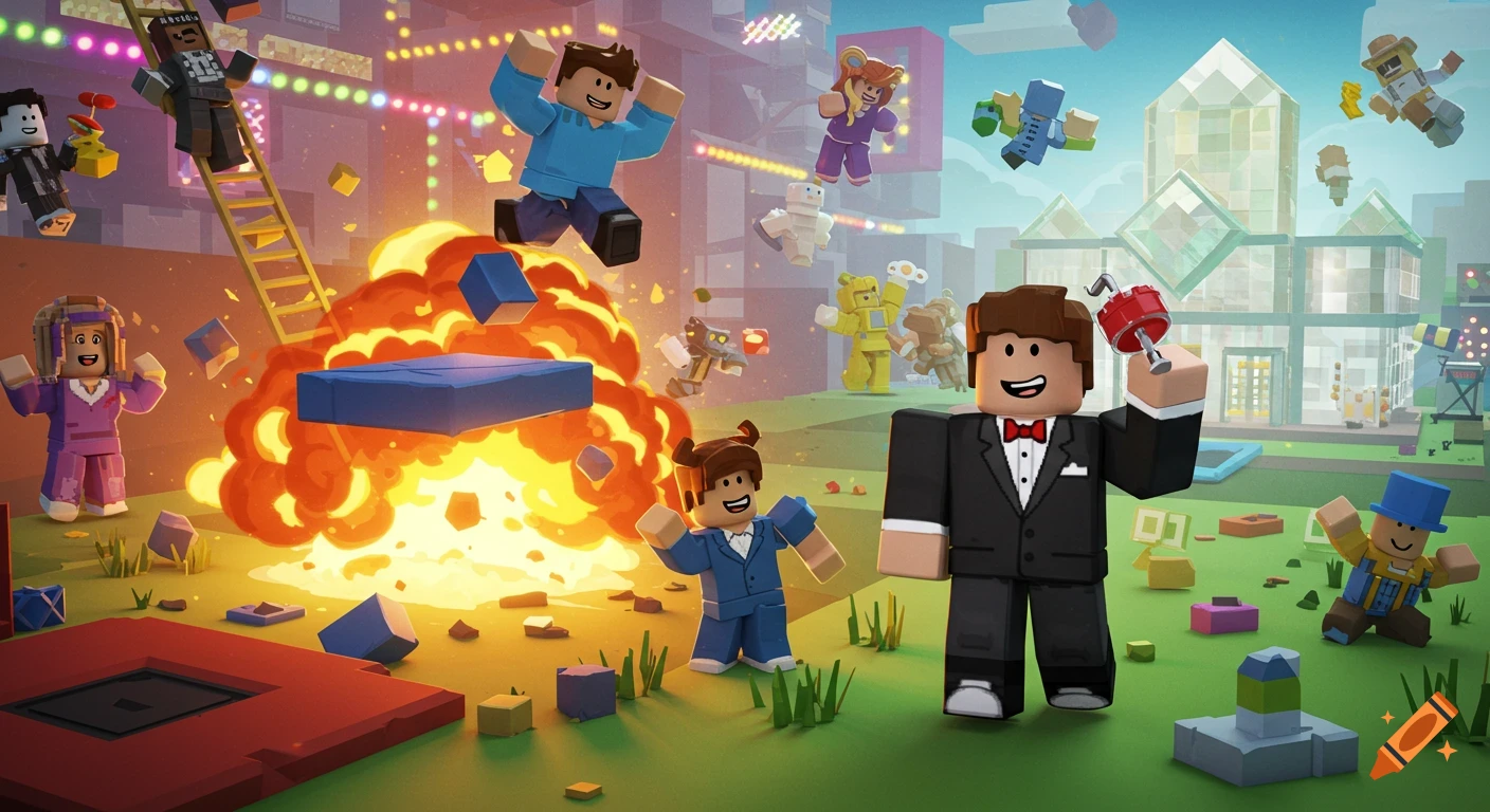 Roblox-style characters in a chaotic, colorful scene with an explosion, flying blocks, a ladder, a crystal building, and a character holding a trophy.