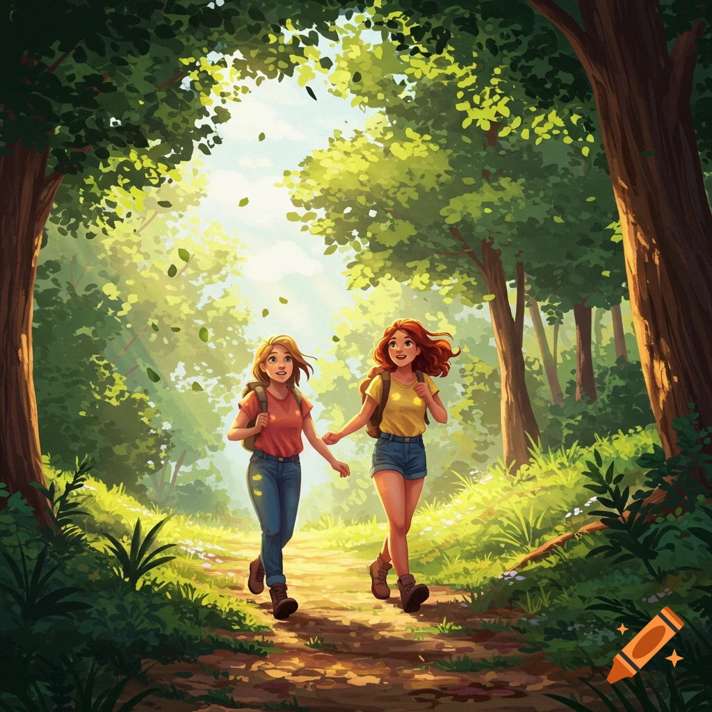 Two young women with backpacks hike happily through a sun-dappled forest path in an illustrative style.