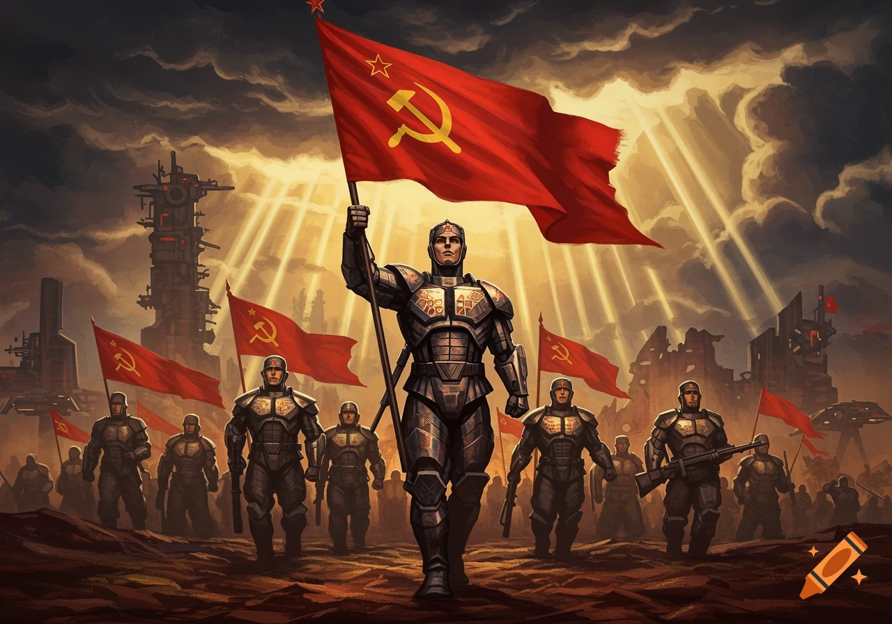 A group of futuristic soldiers in dark armor march forward, led by one holding a large red flag with a hammer and sickle, under a dramatic sky with light rays.