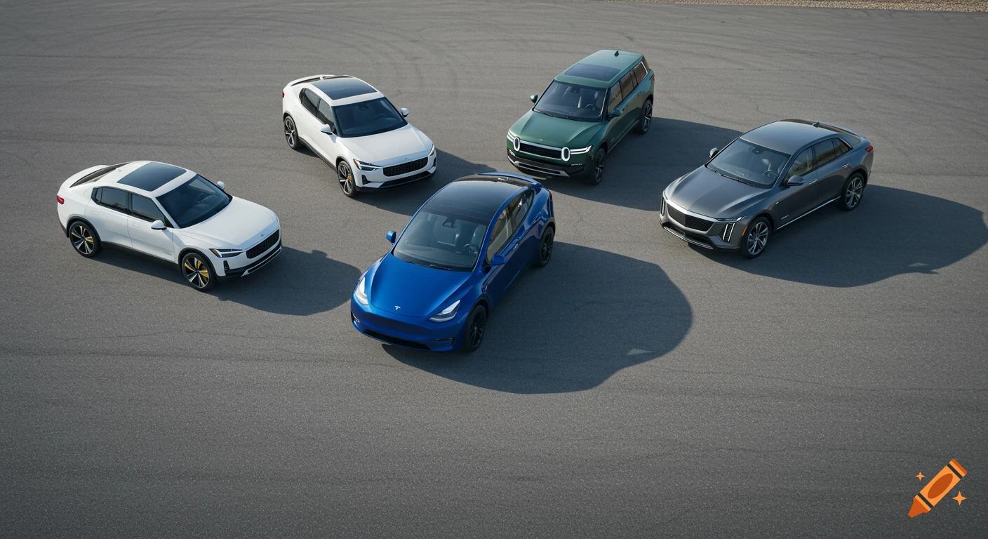 Five electric cars in different colors, including a blue Tesla Model Y, white Polestar, green Rivian, and grey Cadillac, are parked on an asphalt surface, viewed from above.