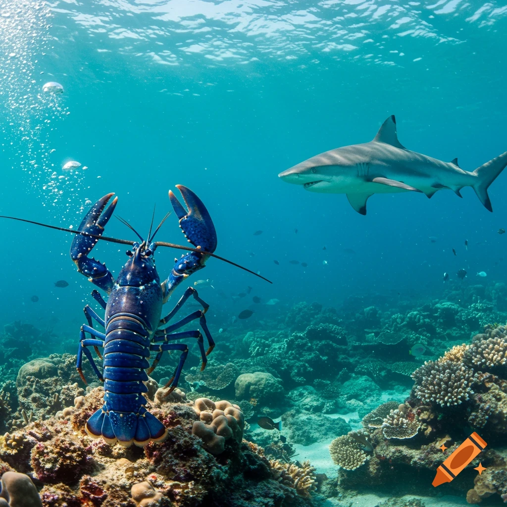 A vibrant blue lobster stands on a coral reef as a grey shark swims by in clear blue ocean water.