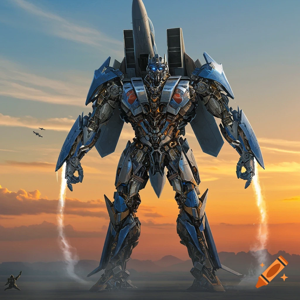 A giant metallic blue and silver robot with jet parts stands at sunset, looking down at a small figure on the ground.
