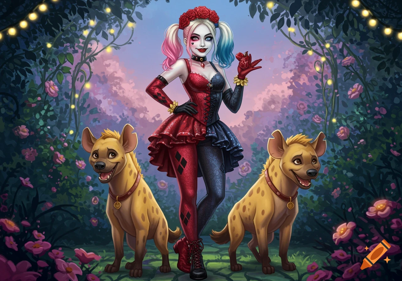 Colorful illustration of Harley Quinn in a red and black outfit with two happy hyenas in a glowing, enchanted garden.