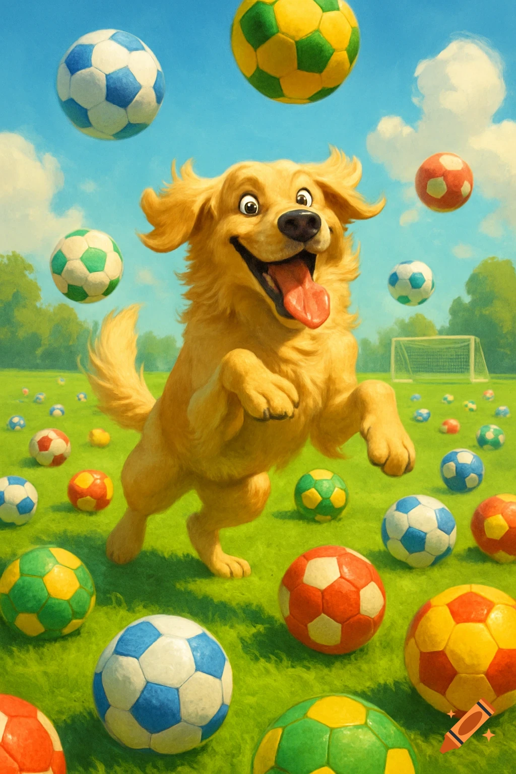 A cheerful golden retriever dog jumps playfully amidst many colorful soccer balls on a sunny grassy field.