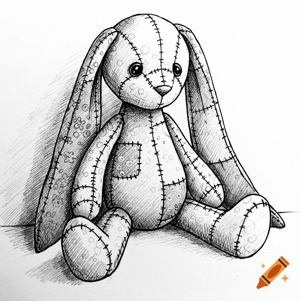 A black and white line drawing of a sitting patchwork rabbit doll with long, droopy ears and stitched seams.