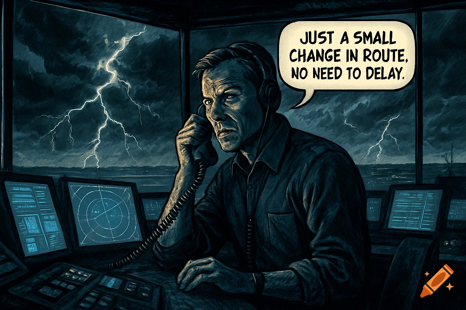 An air traffic controller in a tower on the phone during a lightning storm, with a speech bubble reading 'JUST A SMALL CHANGE IN ROUTE, NO NEED TO DELAY.' Dark, illustrative style.