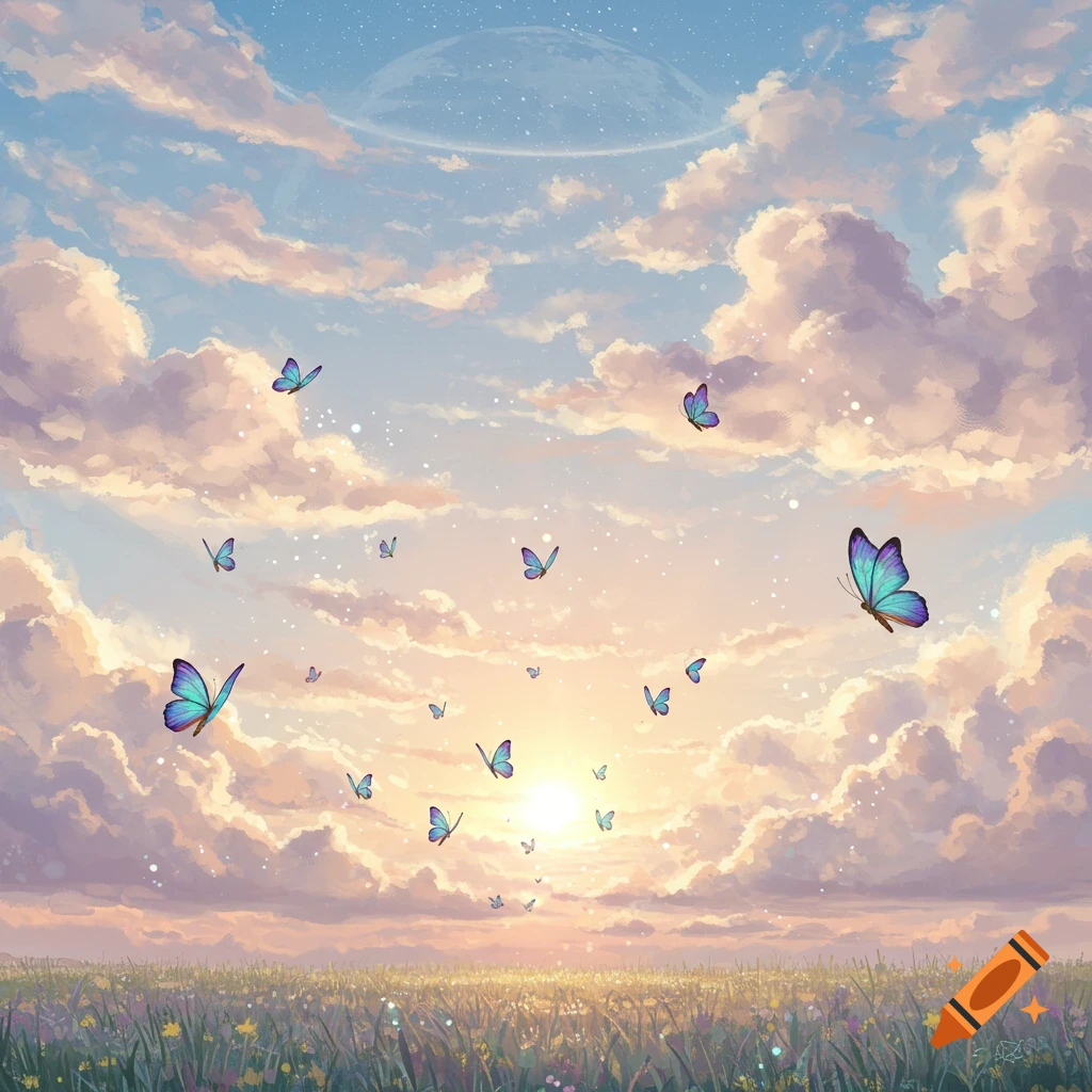 Dreamy landscape with pastel clouds, blue and purple butterflies, and a distant ringed planet over a sunlit grassy field.
