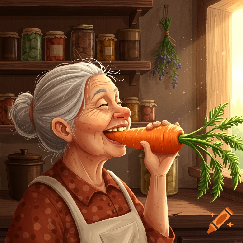 A smiling, toothless elderly woman in a rustic kitchen bites into a large carrot, light streaming from a window.