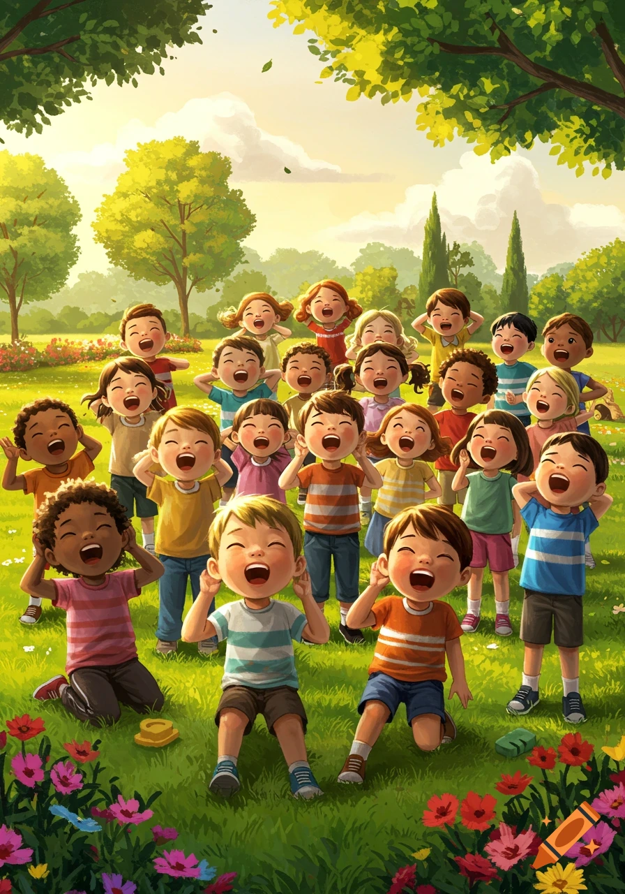 A large group of happy, diverse cartoon children playing and laughing loudly in a bright, sunny park with trees and flowers.