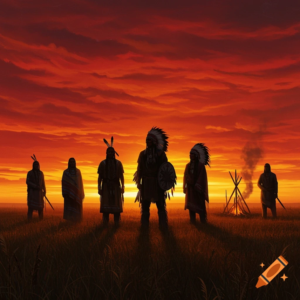 Silhouettes of Native American figures stand in a grassy field against a fiery orange sunset with a small campfire.