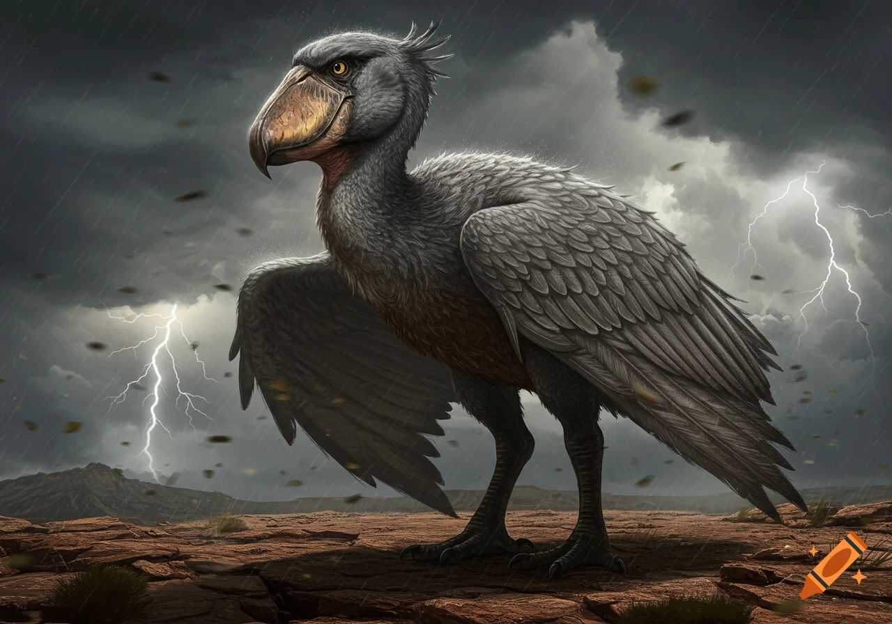 A colossal, grey prehistoric bird resembling a shoebill stork stands on a rocky plateau under a dark, stormy sky with lightning flashes.