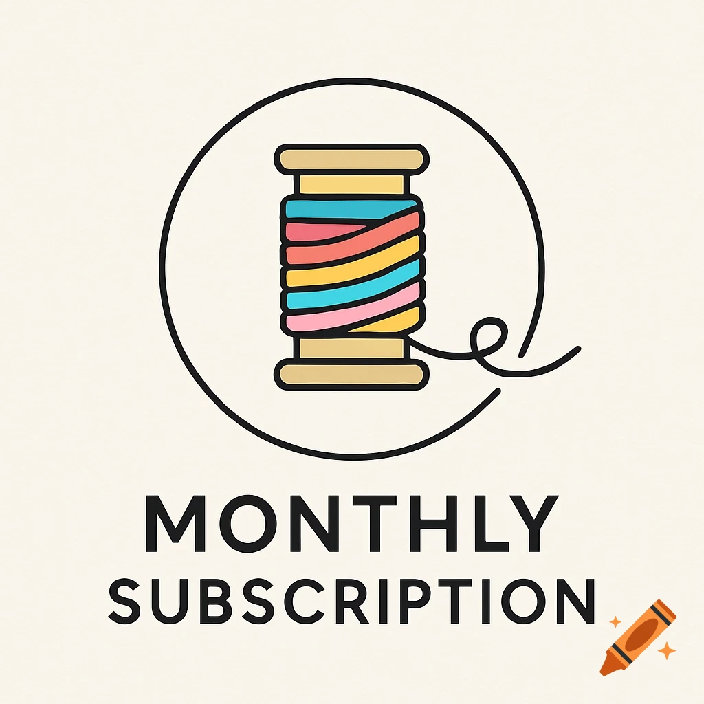 A minimalist logo featuring a colorful spool of thread in a black circle above the text 'MONTHLY SUBSCRIPTION' on a light background.