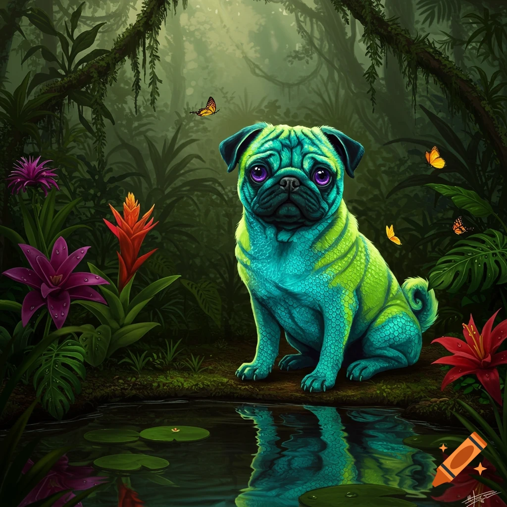 A blue-green pug with purple eyes sits by a pond in a lush, green jungle with colorful flowers and butterflies.