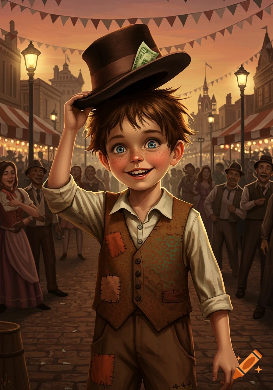 A smiling, brown-haired boy with freckles tips his hat, holding a dollar bill, in a bustling, old-fashioned street fair. The style is a vibrant digital illustration.