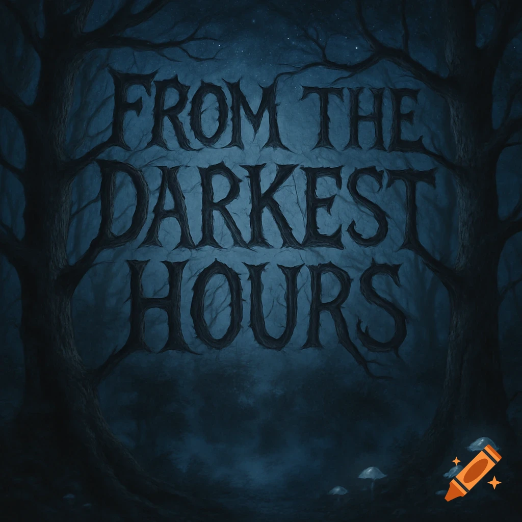 Dark illustration of gnarled tree branches forming the words 'FROM THE DARKEST HOURS' in a shadowy forest.