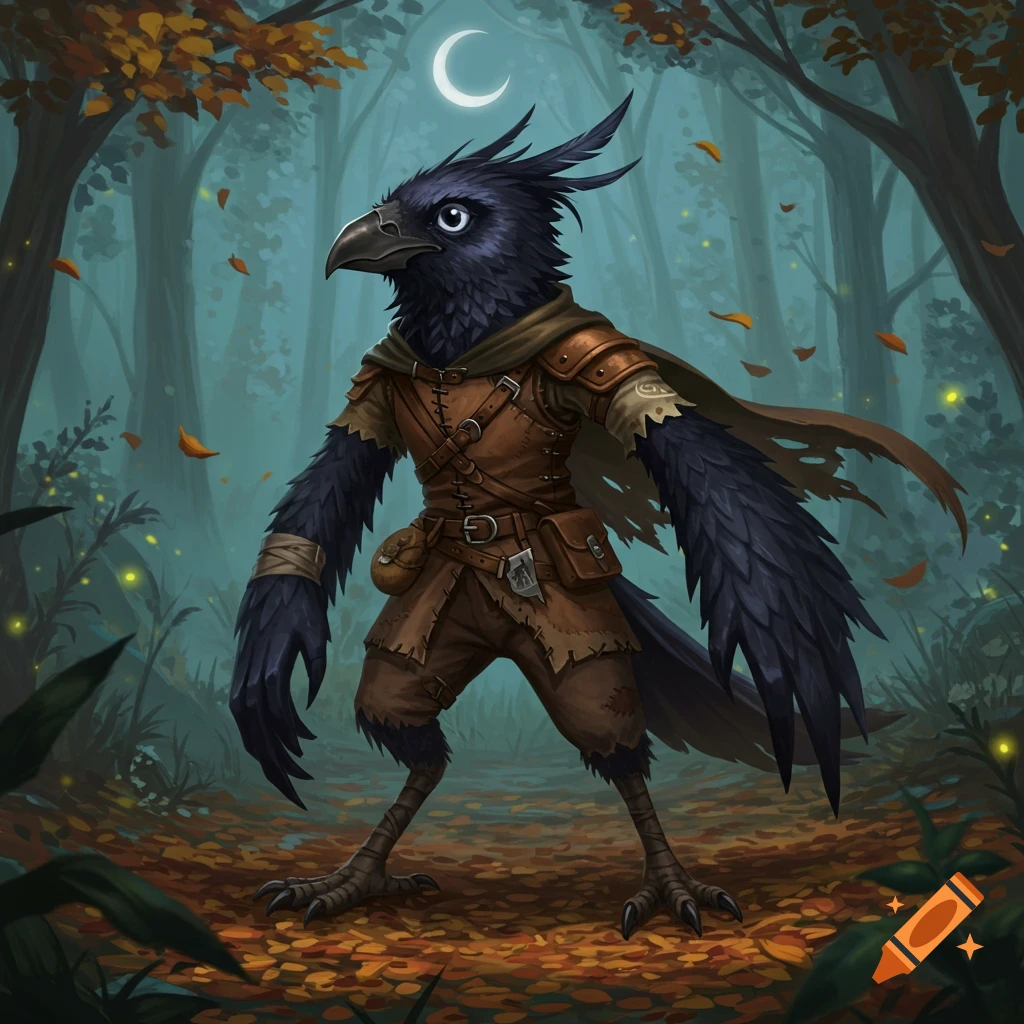 A humanoid crow character wearing leather armor and a tattered cloak stands in a magical autumn forest under a crescent moon.