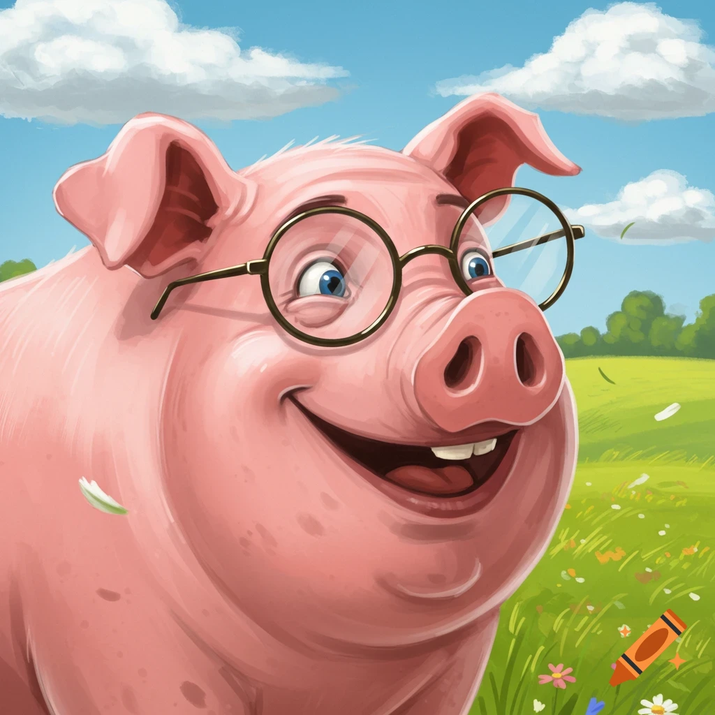 A cartoon pig with blue eyes and round glasses smiles in a sunny green field with flowers and clouds.