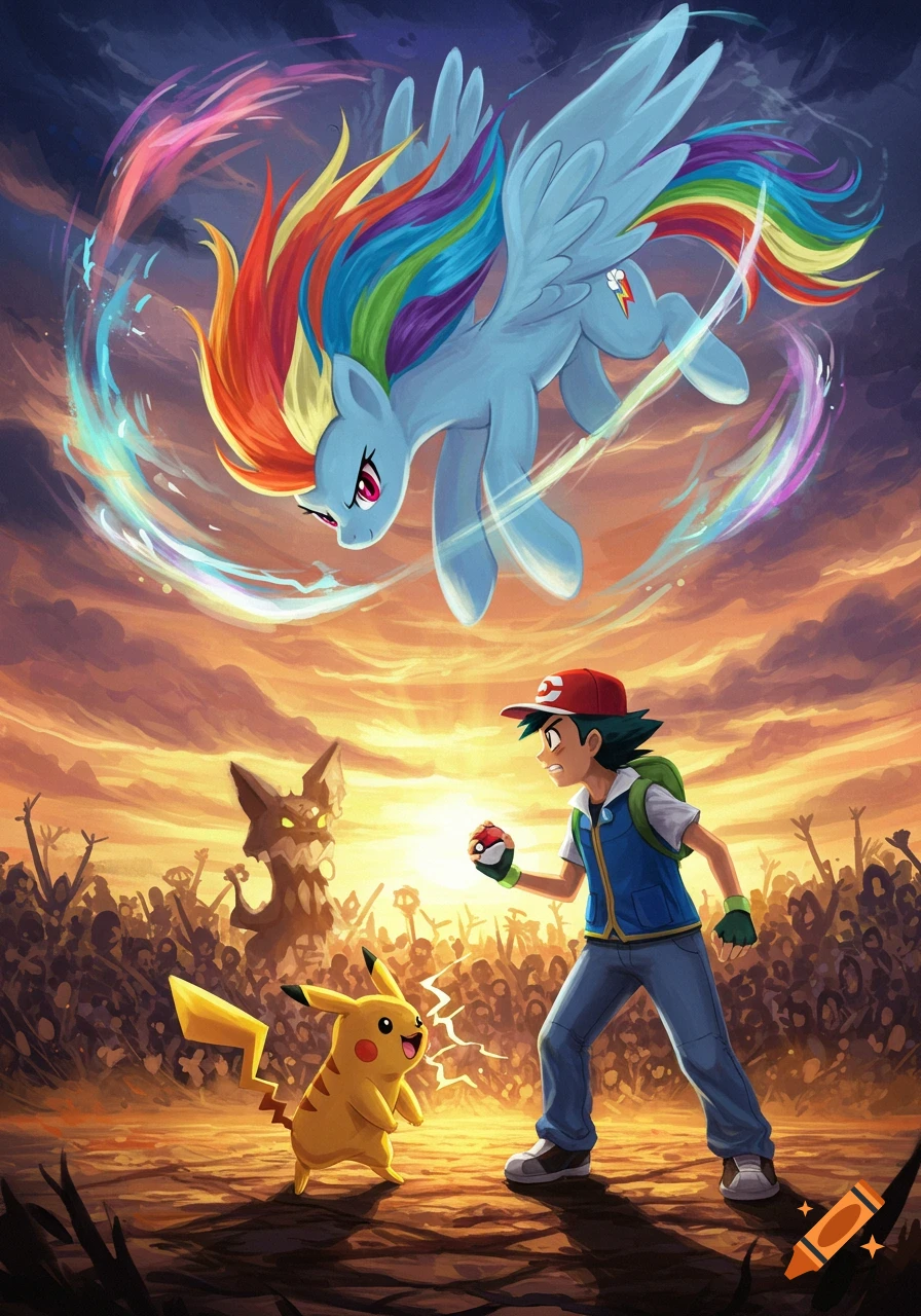Rainbow Dash flies above Ash and Pikachu, ready for battle, at sunset, surrounded by a crowd of figures.