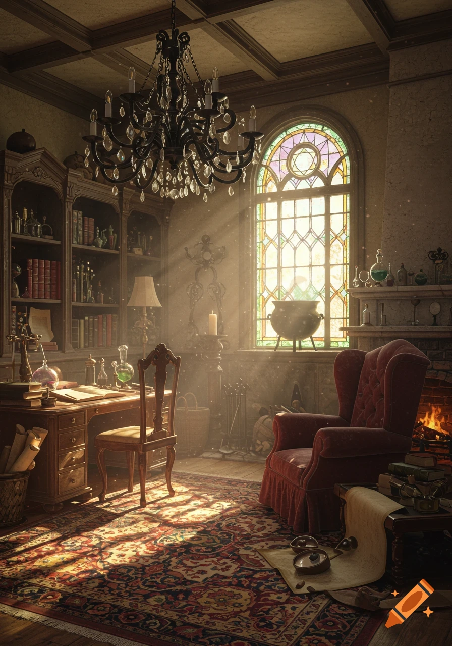 A richly detailed, sunlit fantasy study with bookshelves, an alchemist's desk, a stained-glass window, and a red armchair.