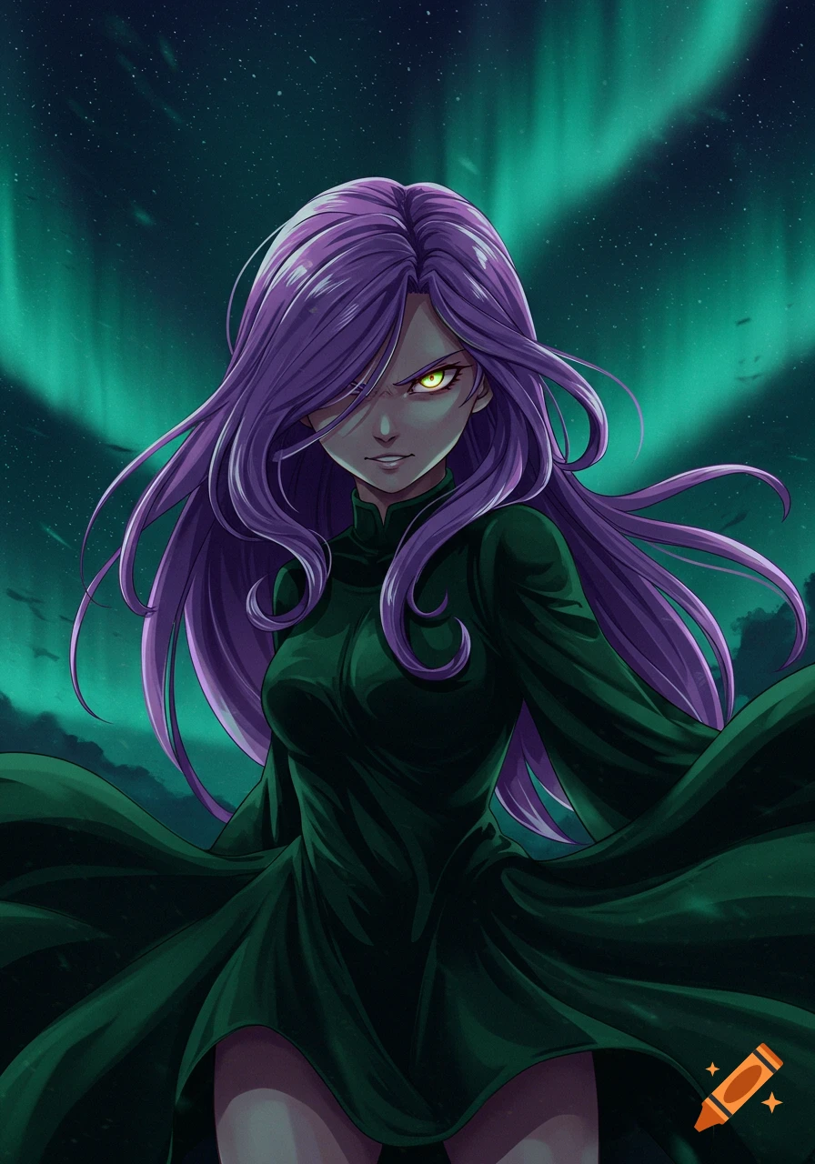 A purple-haired anime girl in a dark green dress with glowing eyes stands against a teal aurora borealis sky.