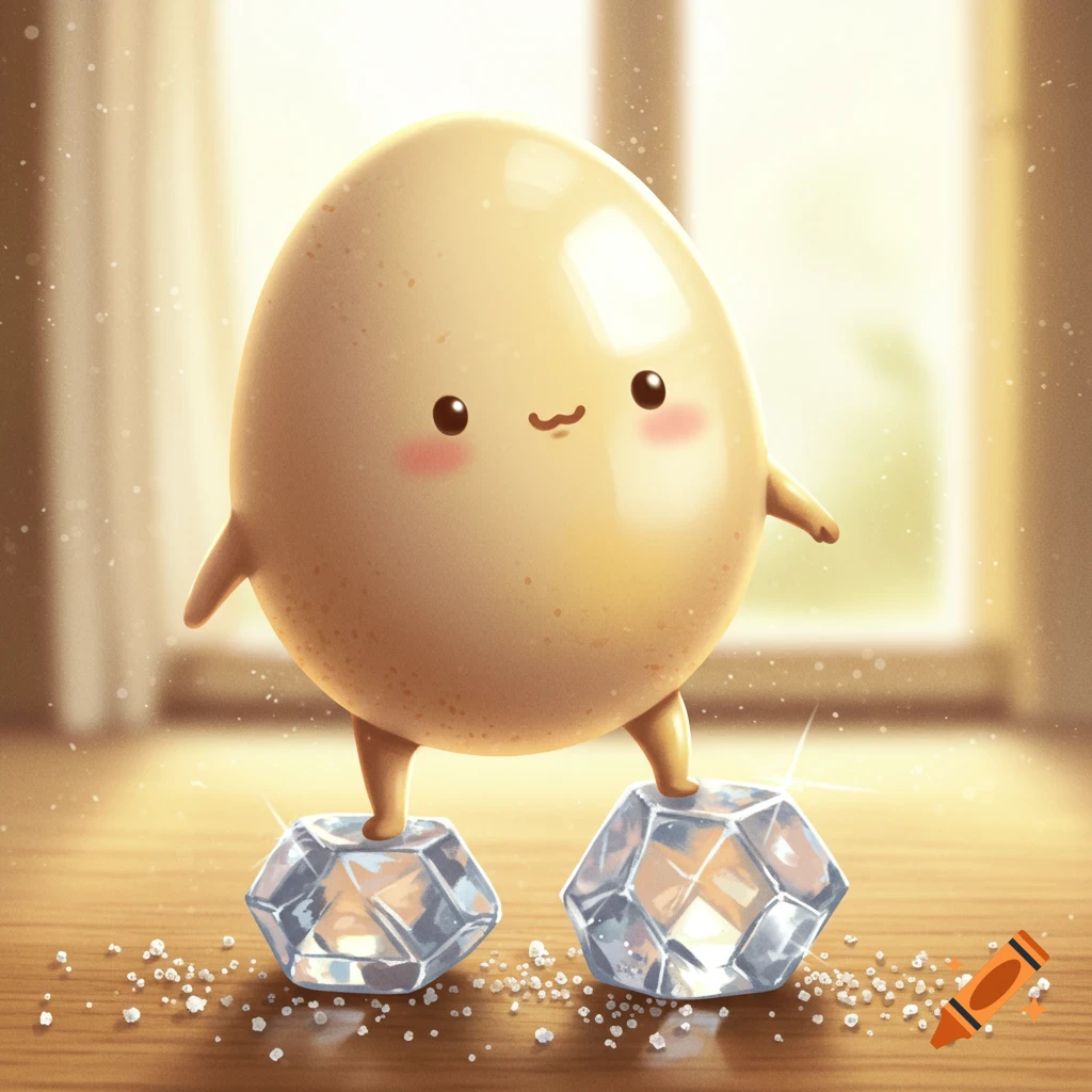 A cute cartoon egg stands on two sparkling clear crystals on a wooden floor with sugar.