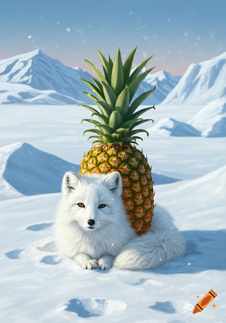 An arctic fox rests in a snowy landscape, a giant pineapple behind it. Mountains fill the background under a pale sky.
