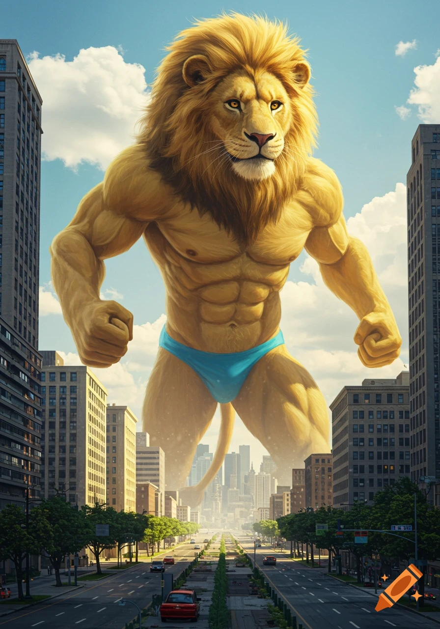 A gigantic, muscular anthropomorphic lion in a blue speedo towers over a city street under a sunny sky, photorealistic style.