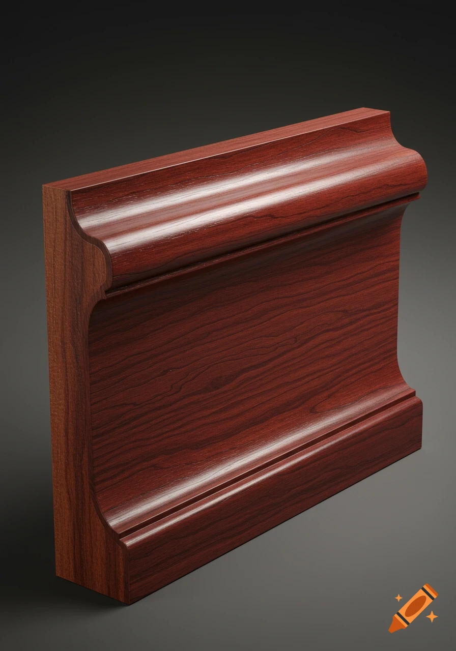 A photorealistic close-up of a reddish-brown wooden baseboard with decorative molding against a dark background.