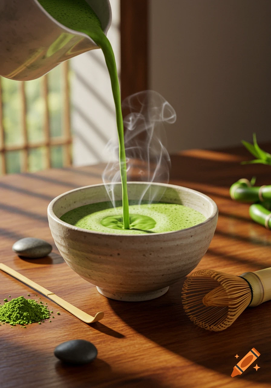 Green matcha tea being poured into a bowl on a wooden table, with a bamboo whisk, scoop, powder, and stones nearby.
