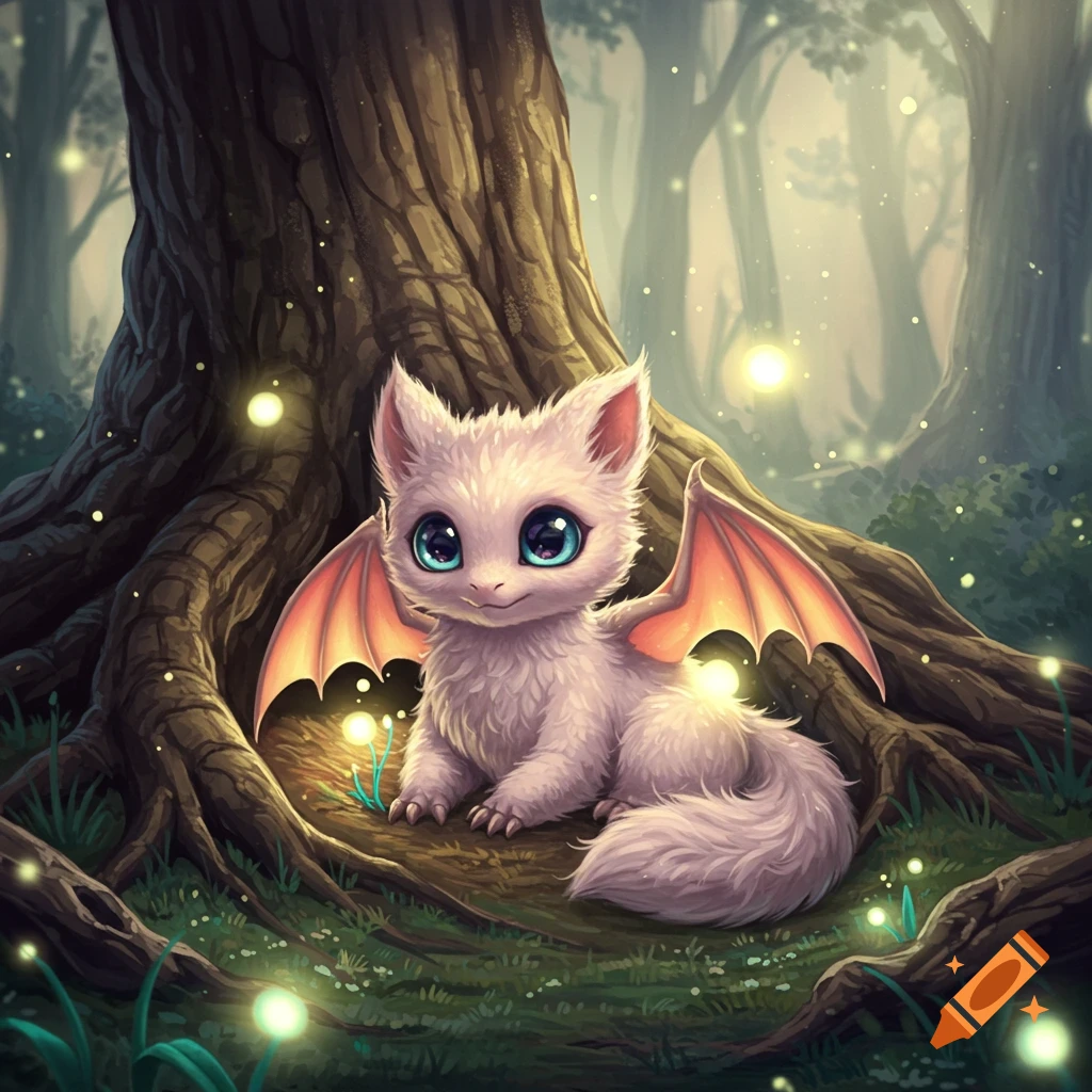 A cute, white, furry creature with large blue eyes and small bat-like wings sits at the base of a tree in a magical forest with glowing fireflies.