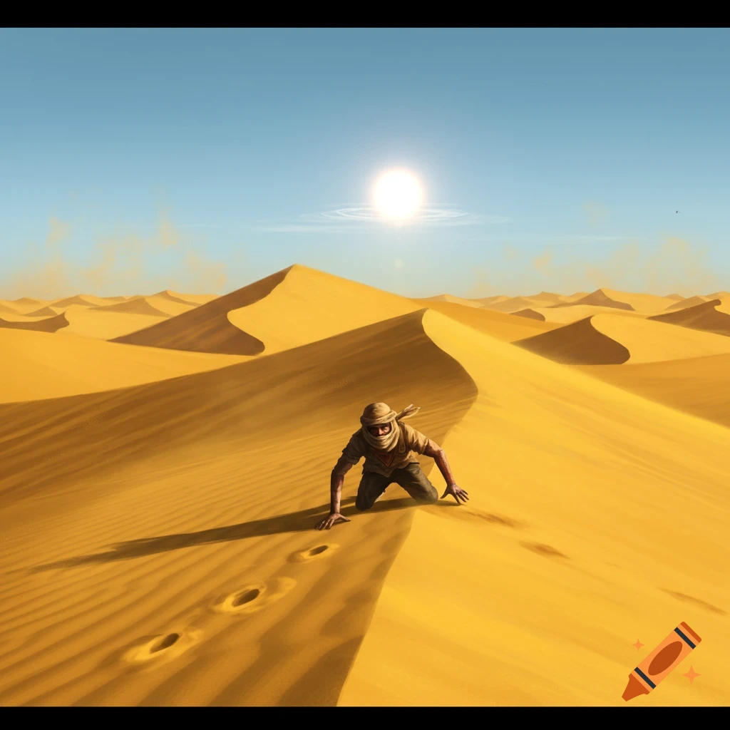 A lone survivor crawls across vast sand dunes in a hot desert under a blazing sun.