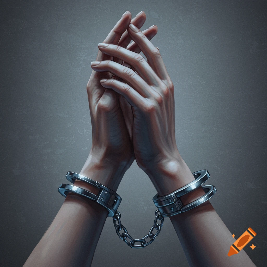 A detailed illustration of two clasped hands with metal handcuffs on the wrists against a dark background.