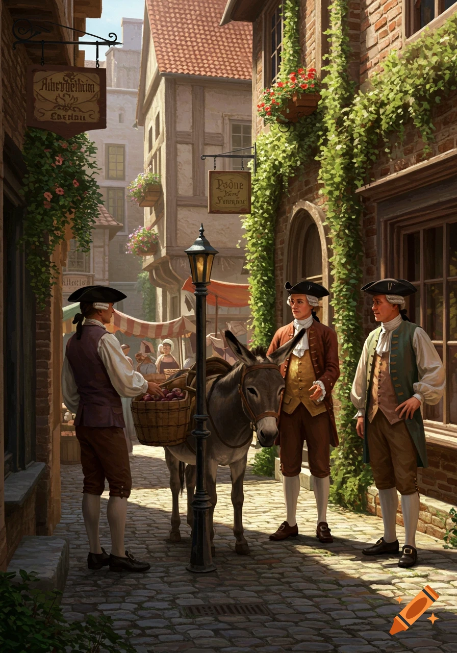 Three men in 18th-century attire interact with a donkey laden with baskets on a cobblestone street in a European village.