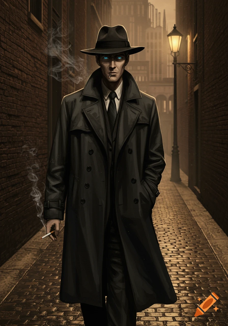 A tall man in a black trench coat and fedora smokes a cigarette in a dark alley. He has glowing blue eyes.