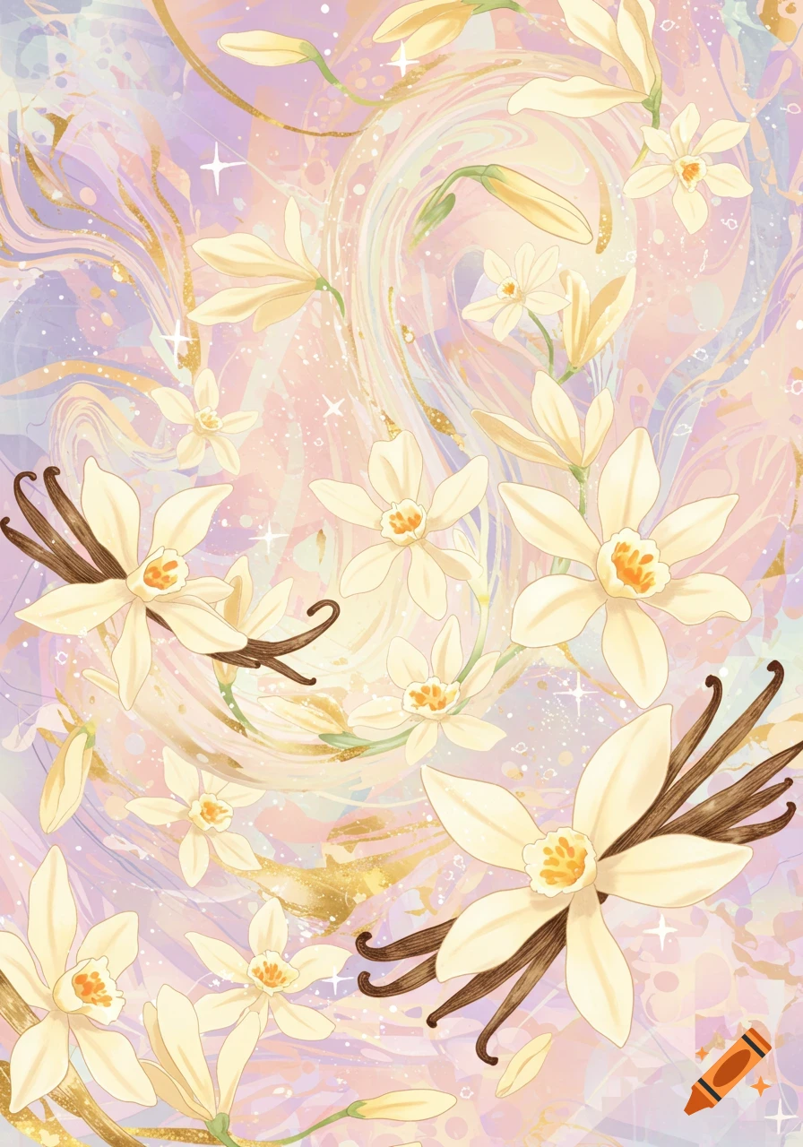 An artistic illustration of vanilla flowers and brown vanilla beans on a pastel purple and pink swirled background with gold accents and sparkles.