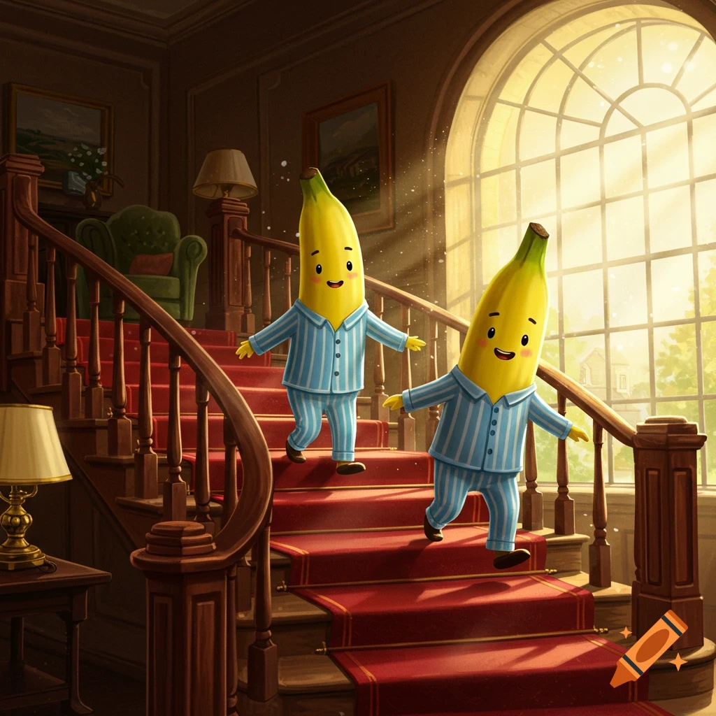 Two whimsical banana characters in blue striped pajamas walk down a grand red-carpeted staircase in a sunny mansion.